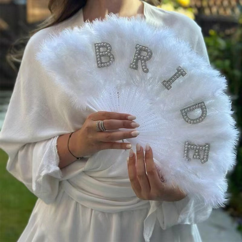 Bride Feather Fan Pearl Bride White Bridal Feather Folding Fan