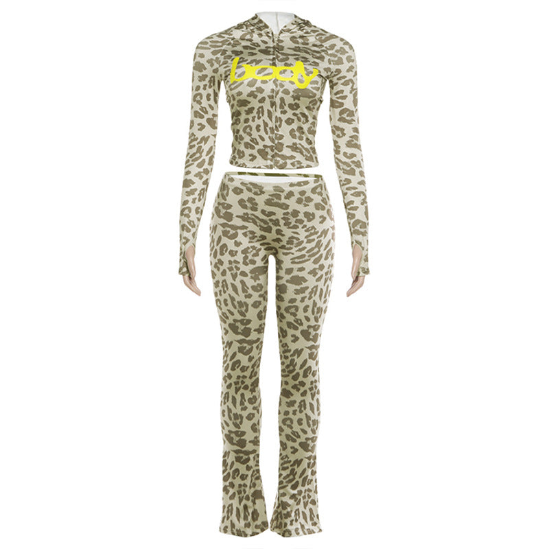 Fashionable Hooded Camouflage Printed Long Sleeve Sporty Fitted Pants Two-Piece Set for Women