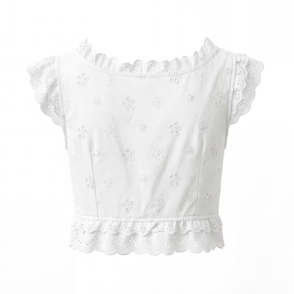 New Women's Hollow Out Embroidery Lace Short Top with Waistline Hollow Out Embroidery Mini Skirt