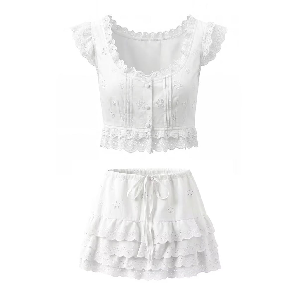 New Women's Hollow Out Embroidery Lace Short Top with Waistline Hollow Out Embroidery Mini Skirt