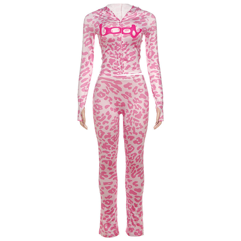 Fashionable Hooded Camouflage Printed Long Sleeve Sporty Fitted Pants Two-Piece Set for Women