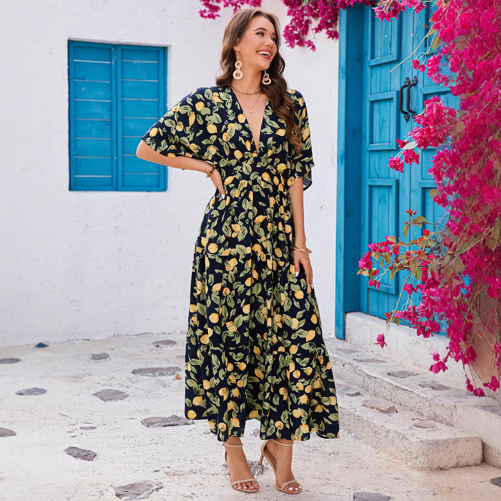 Real Photo Cross-border Rayon Printed Batwing Sleeve Deep V Waist-tightening Layered Dress Beach Resort Long Dress