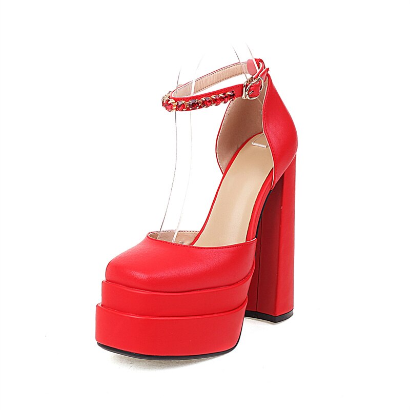 Rhinestone Ankle Strap Platforms Pumps For Women Casual Spring Summer Chunky Shoes Ladies