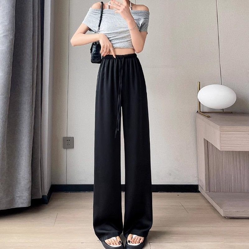 Women's Pants Summer Floral High Waist Leisure  Silk Satin Wide Leg straight pants
