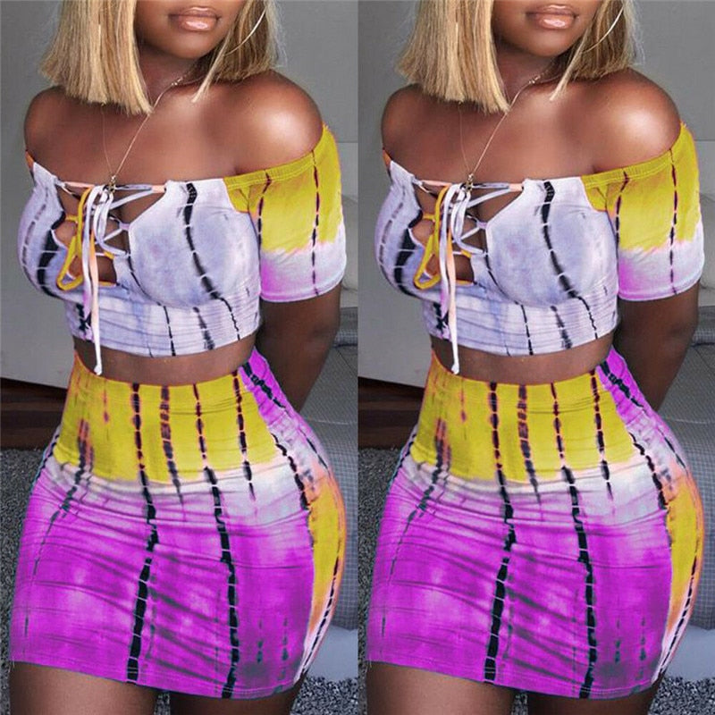 Sexy Women 2 Piece Outfits Set Off Shoulder Crop Top and Bodycon Mini Skirt Female Suit Summer Slim Party Club Clothing