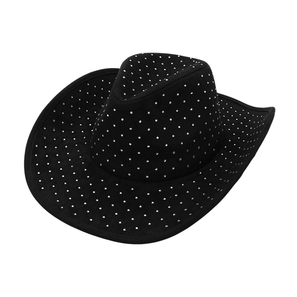 Rhinestone Embellished Faux Suede Western Cowboy Fedora Hat