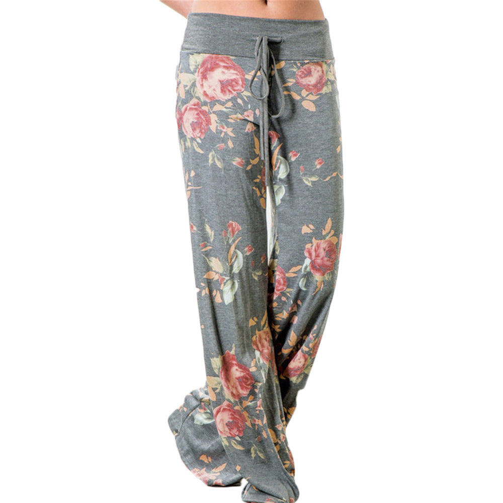 Summer Women Pants Floral Drawstring Leisure Trousers Full Length Pocket Casual Loose Wide Leg Long Pant Summer Soft Casual