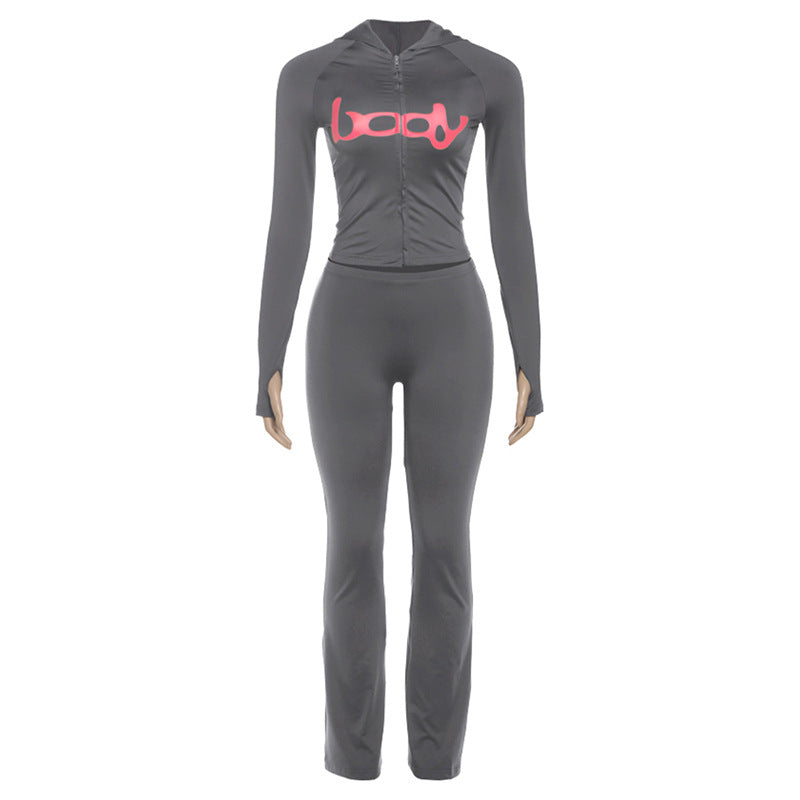 Fashionable Hooded Camouflage Printed Long Sleeve Sporty Fitted Pants Two-Piece Set for Women