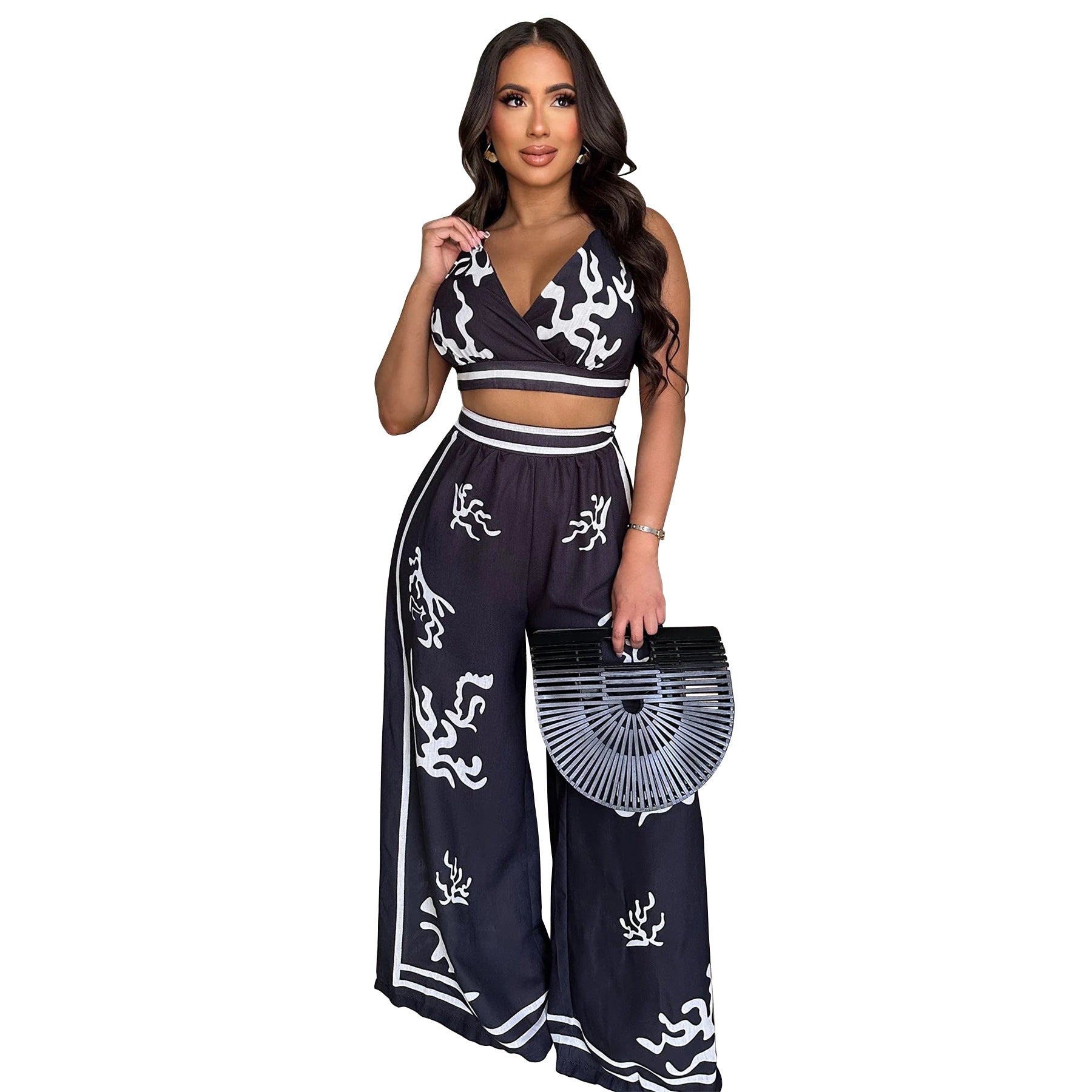V-neck hanging neck wide leg pants set