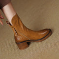 Round headed double zipper thick heel sponge bottom brown retro Martin boots for women