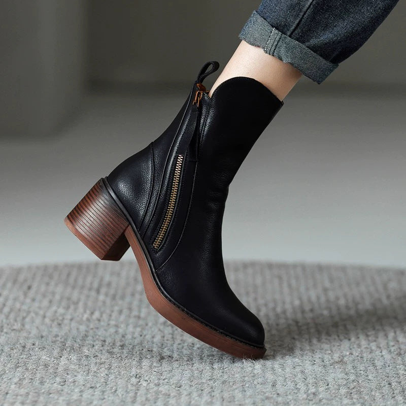 Round headed double zipper thick heel sponge bottom brown retro Martin boots for women