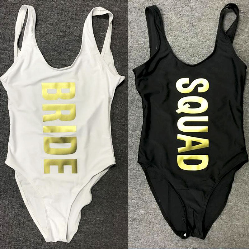 BRIDE Letter Print One Piece Swimsuit SQUAD Swimwear Women White Black Beachwear Sexy Bodysuit Summer Bathing Suits