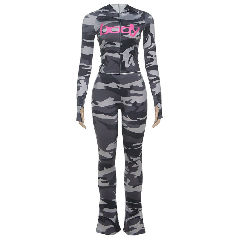 Fashionable Hooded Camouflage Printed Long Sleeve Sporty Fitted Pants Two-Piece Set for Women
