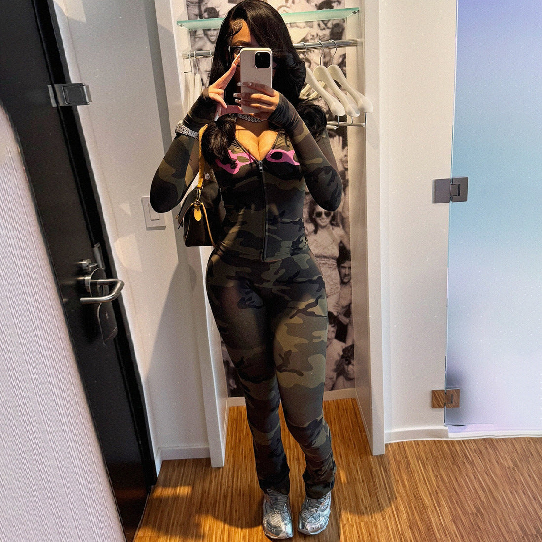 Fashionable Hooded Camouflage Printed Long Sleeve Sporty Fitted Pants Two-Piece Set for Women