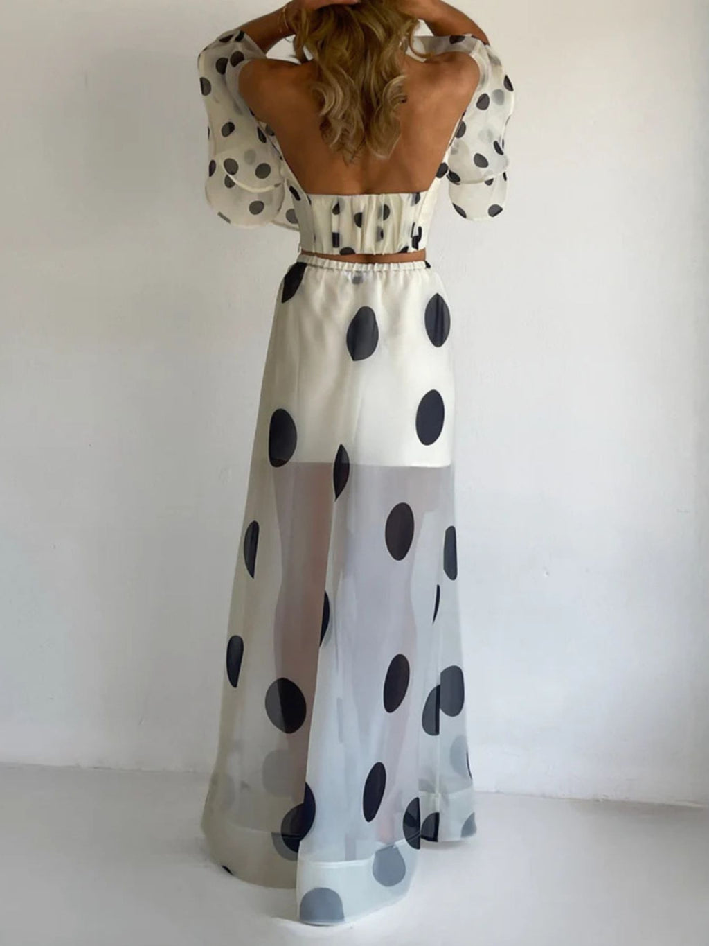 Polka Dot and Flowers Ruffle Crop Top and Maxi Skirt Set