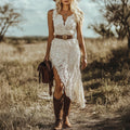Women's Vintage Bohemian White Lace Sleeveless Mid-length Dress
