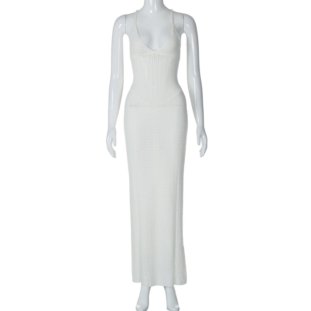 Fashionable and sexy backless strapless hollow knitted dress