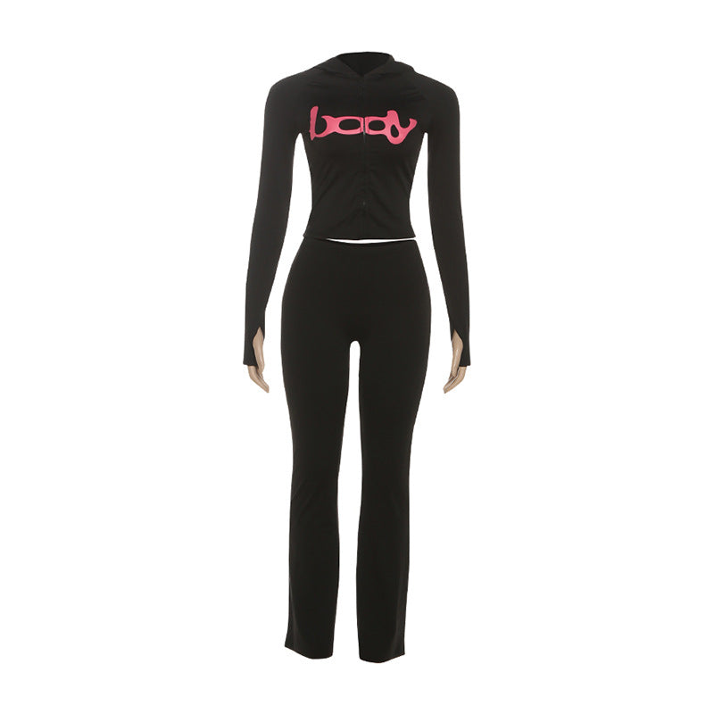 Fashionable Hooded Camouflage Printed Long Sleeve Sporty Fitted Pants Two-Piece Set for Women
