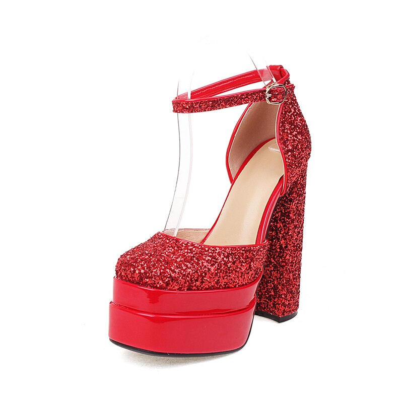 Rhinestone Ankle Strap Platforms Pumps For Women Casual Spring Summer Chunky Shoes Ladies