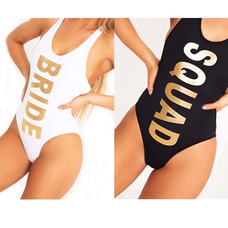 BRIDE Letter Print One Piece Swimsuit SQUAD Swimwear Women White Black Beachwear Sexy Bodysuit Summer Bathing Suits
