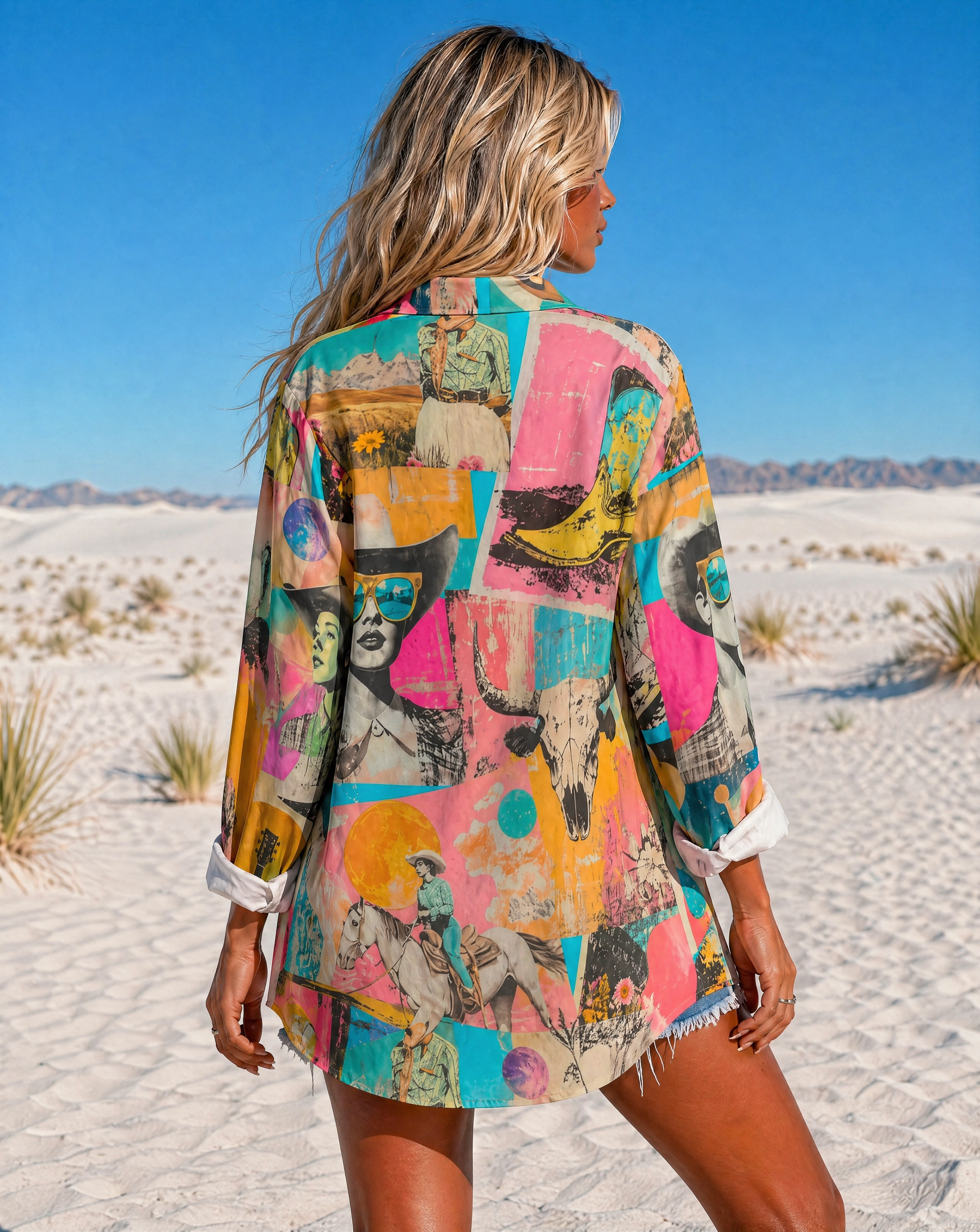 Baha Ranch Pop Western Retro Cowgirl Collage Button Up Blouse