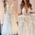 Sexy A-Line Backless Wedding Dress Customized Lace Applique Beaded Off White Tulle Wedding Gowns Long Bridal Dress