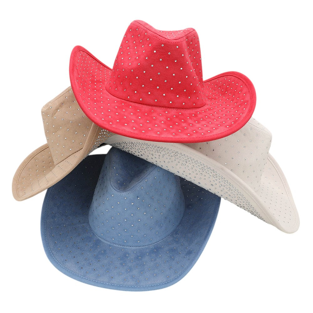 Rhinestone Embellished Faux Suede Western Cowboy Fedora Hat
