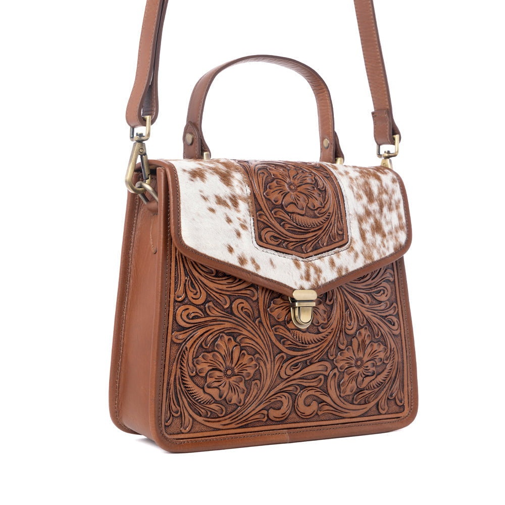 Myra Duchess Hairon Handtooled Flap and Button Leather Satchel in Mocha Cream