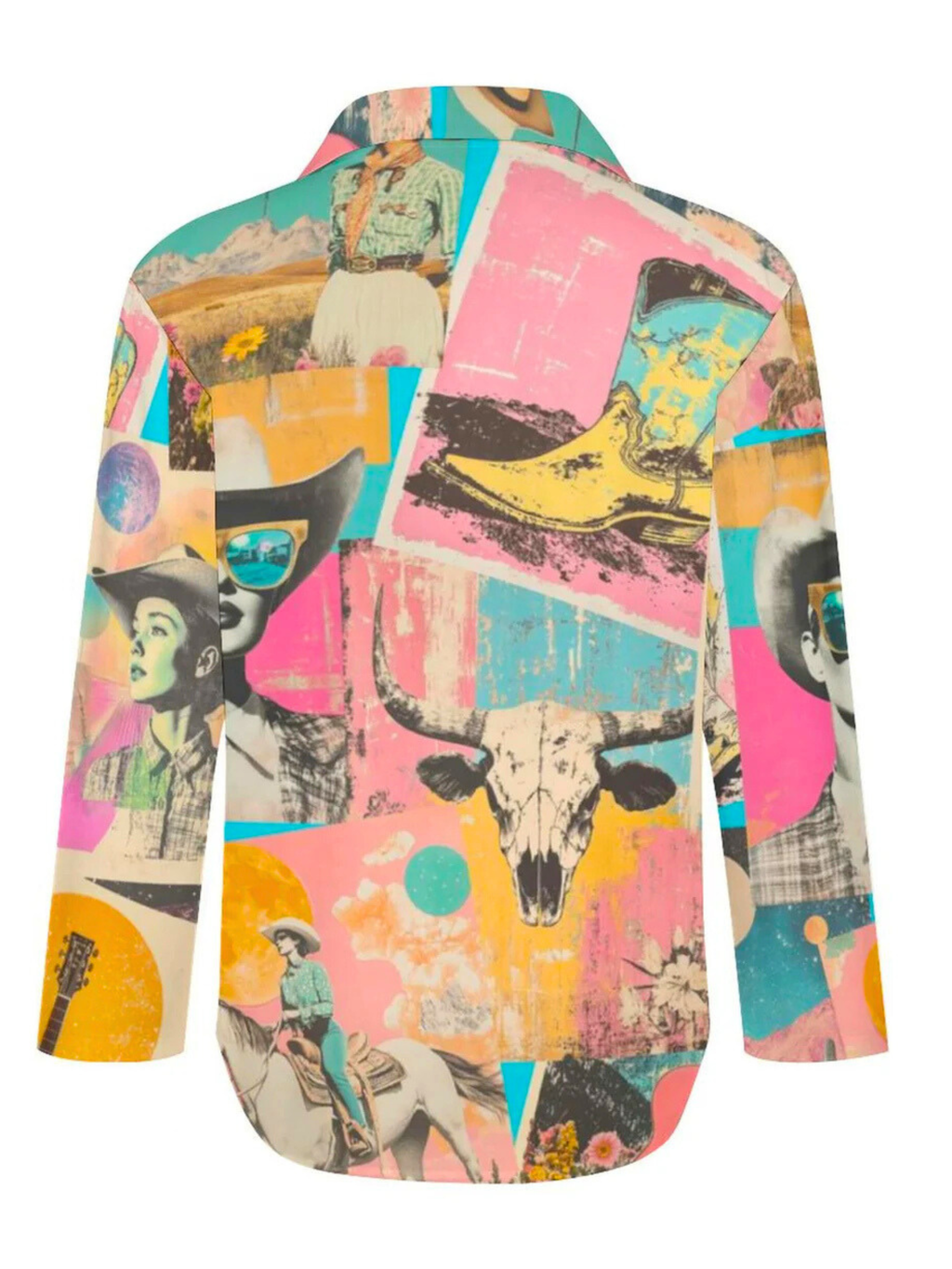 Baha Ranch Pop Western Retro Cowgirl Collage Button Up Blouse