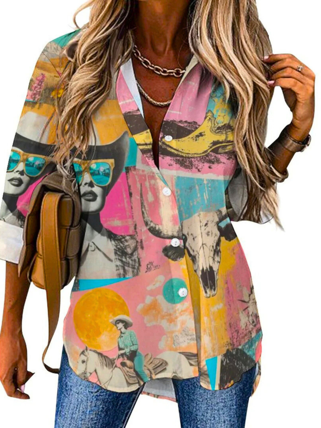 Baha Ranch Pop Western Retro Cowgirl Collage Button Up Blouse
