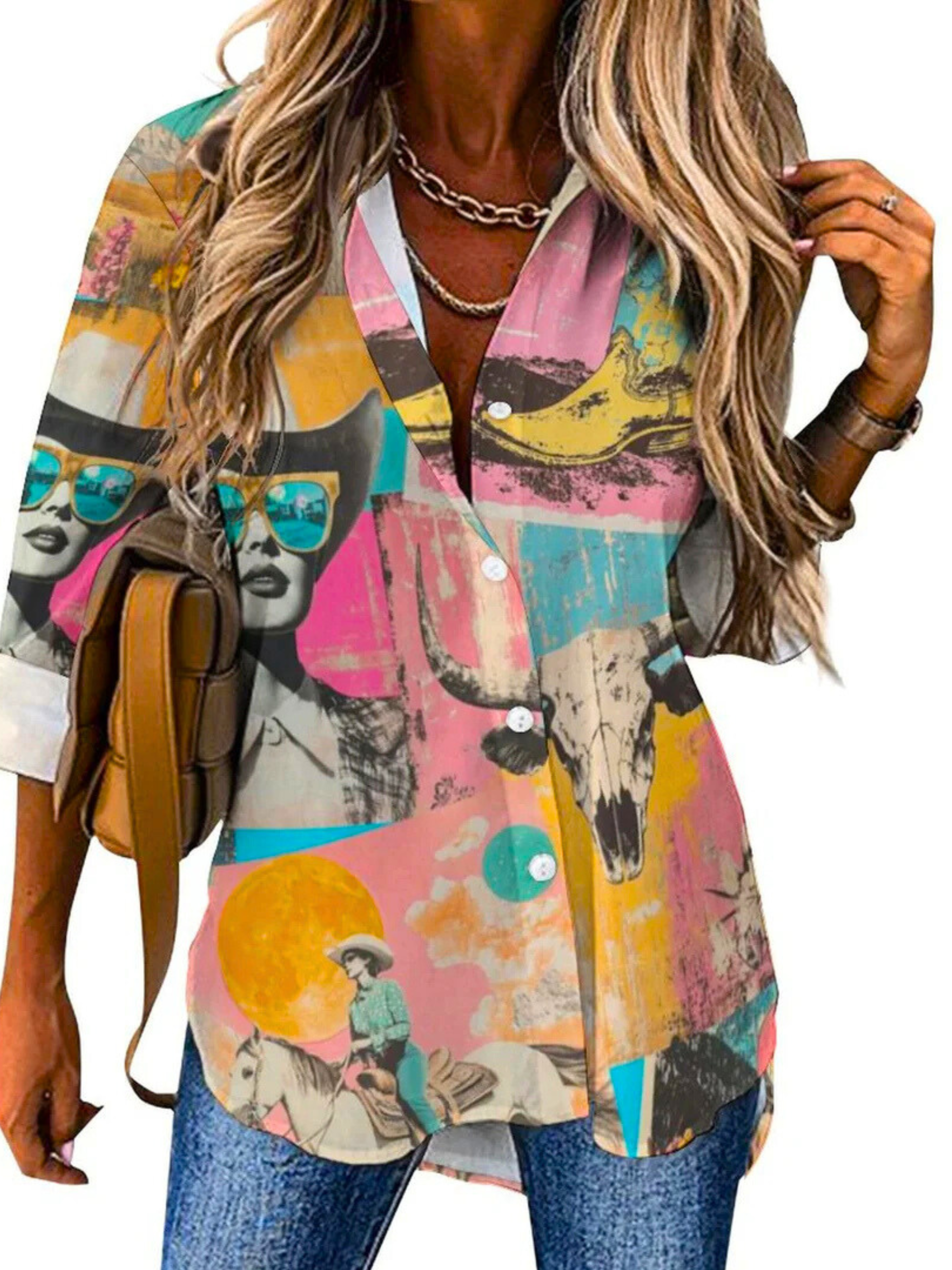Baha Ranch Pop Western Retro Cowgirl Collage Button Up Blouse