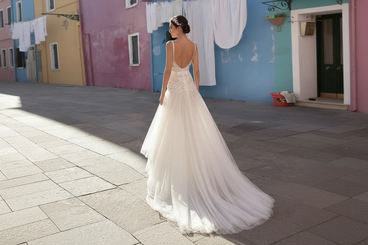 A Line Women's Wedding Dresses Pretty Appliques Lace Bride Gowns Sexy Deep V-Neck Side Split