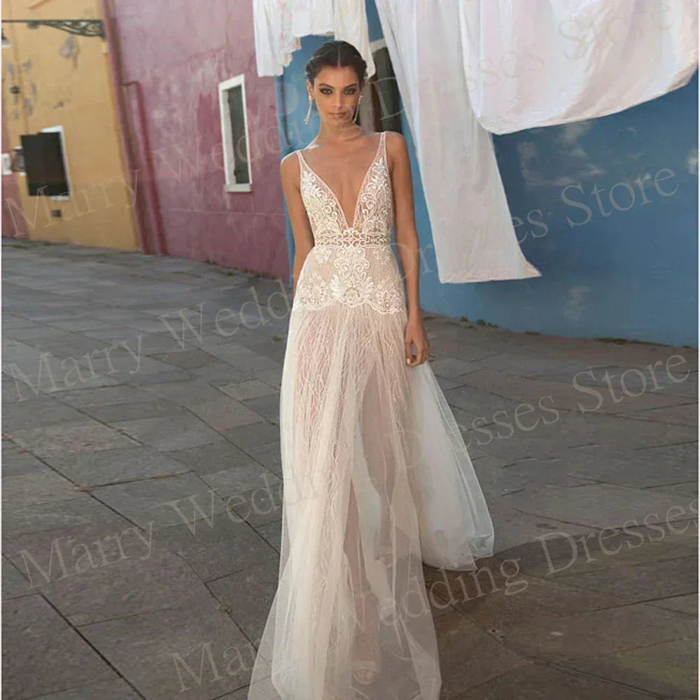 A Line Women's Wedding Dresses Pretty Appliques Lace Bride Gowns Sexy Deep V-Neck Side Split