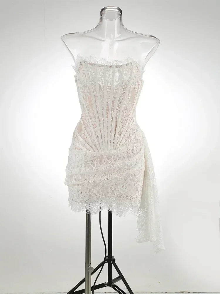 TARUXY Sexy Lace See-through Patchwork Corset Dress Female Bodycon Elegant Party MIrrgualr Mini Dress Women Tube Top Dress New