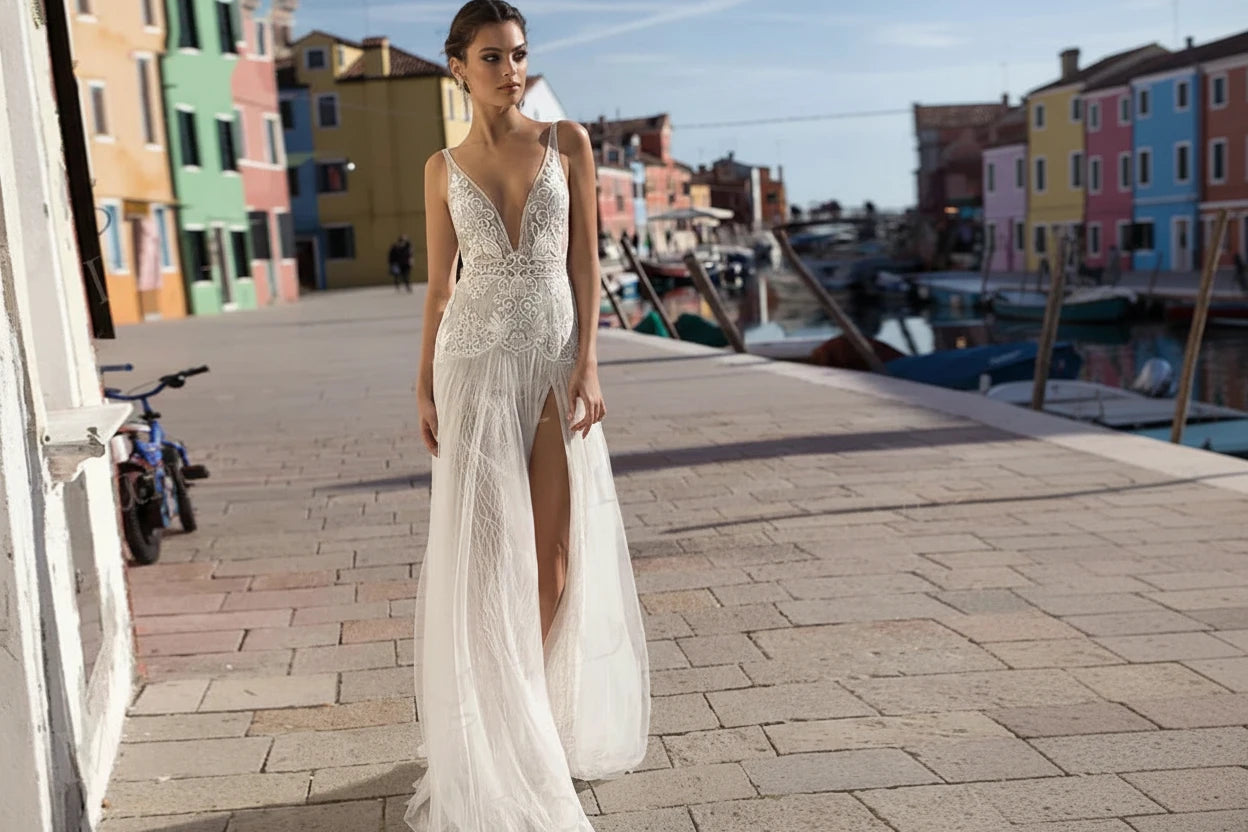 A Line Women's Wedding Dresses Pretty Appliques Lace Bride Gowns Sexy Deep V-Neck Side Split