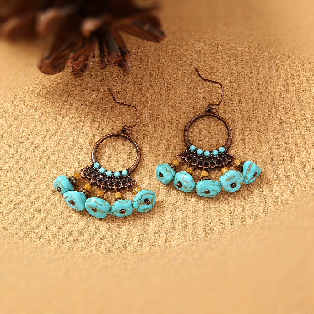 Vintage Circle Turquoise Pendant Tassel Earrings