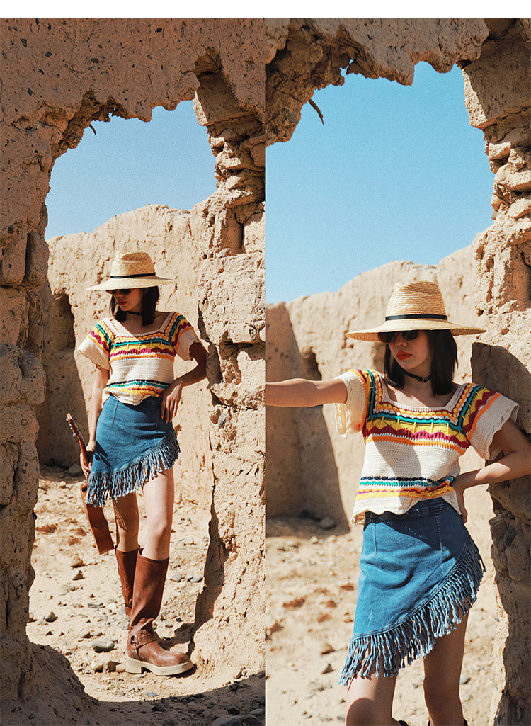 Women's Retro Irregular Tassel Denim Skirt