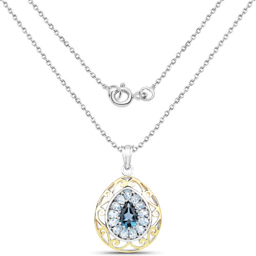18K Yellow Gold Plated 4.44 Carat Genuine London Blue Topaz and Blue Topaz .925 Sterling Silver Pendant