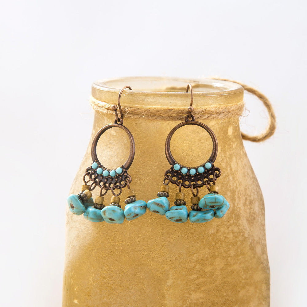 Vintage Circle Turquoise Pendant Tassel Earrings
