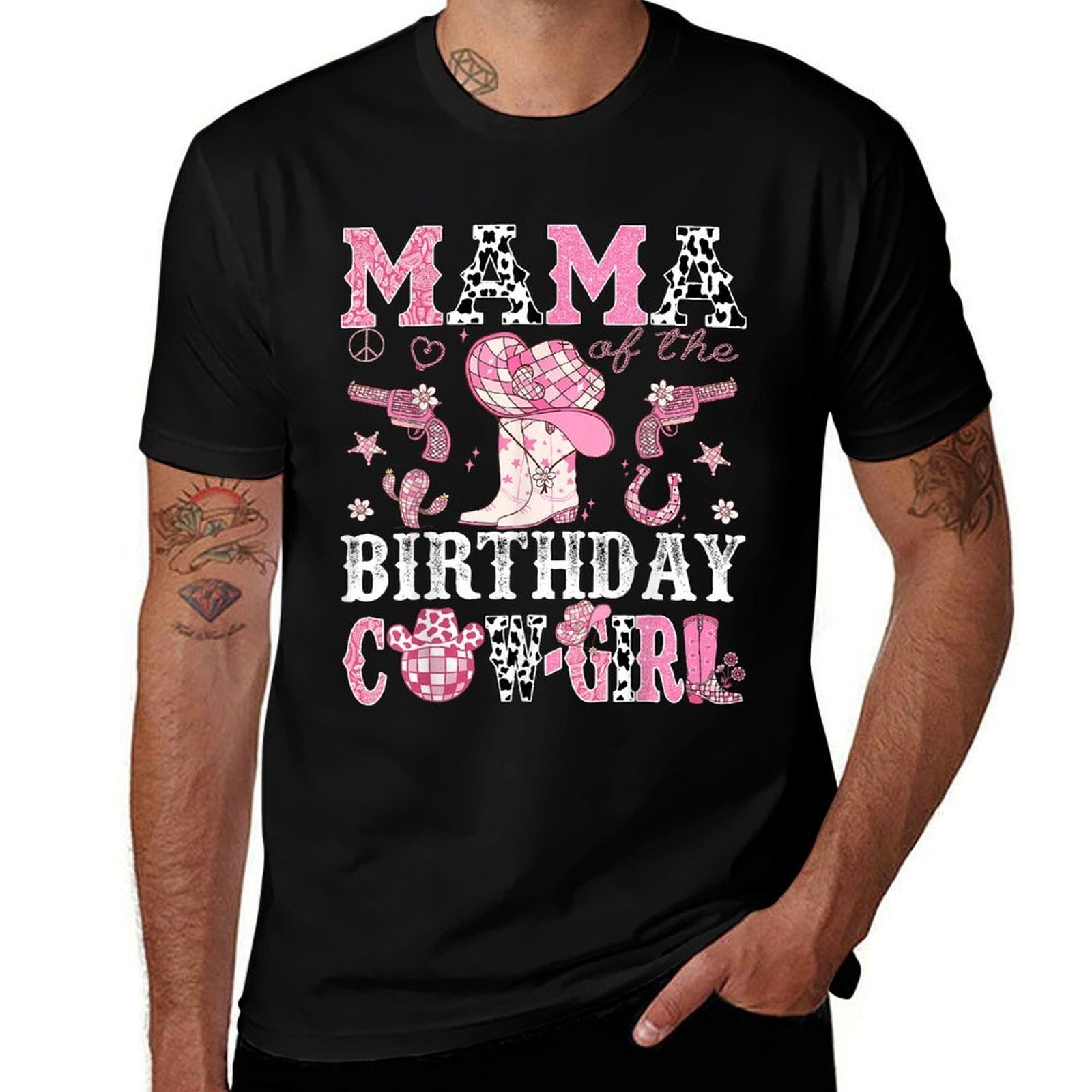 Mama Of The Birthday Cow-Girl Pink Disco Rodeo Western  Cotton T-Shirt