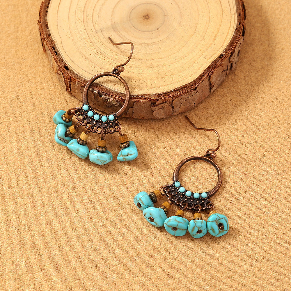 Vintage Circle Turquoise Pendant Tassel Earrings